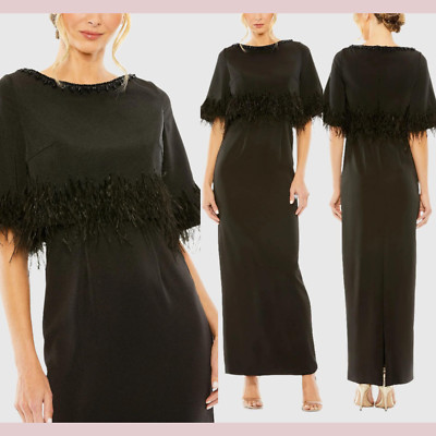 NWT Mac Duggal [ 12 ] 11787 Quarter Sleeve Crystal Neck Feather Gown Black J1839