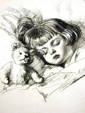 Dowd 1936 SLEEPING GIRL w BEAR & DOLL Art Print Matted