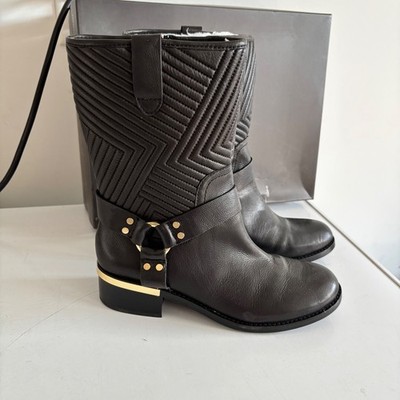 Vince Camuto Waldan Black Leather Quilted Moto Harness Boots Gold Detail 10M