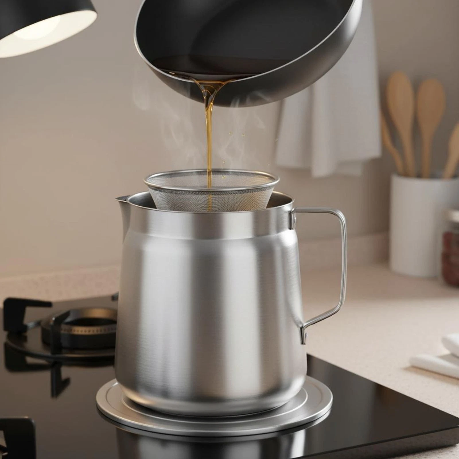 Stainless Steel Oil Pot Dust-Proof Lid Grease Strainer Container Heat Resistant