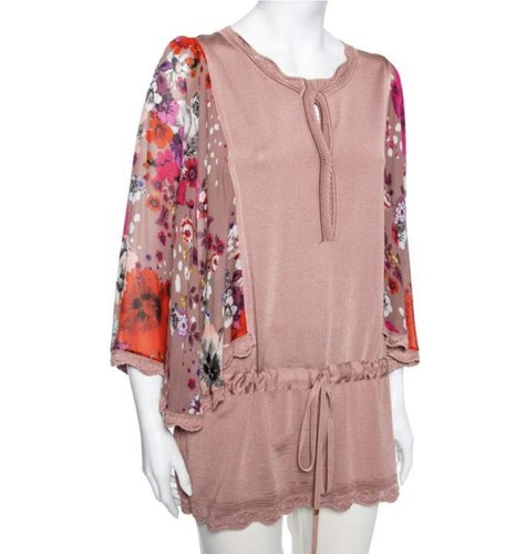 Roberto Cavalli Pale Pink Knit & Printed Silk Waist Tie Detail IT 46/EU 42/UK14 - Picture 3 of 6