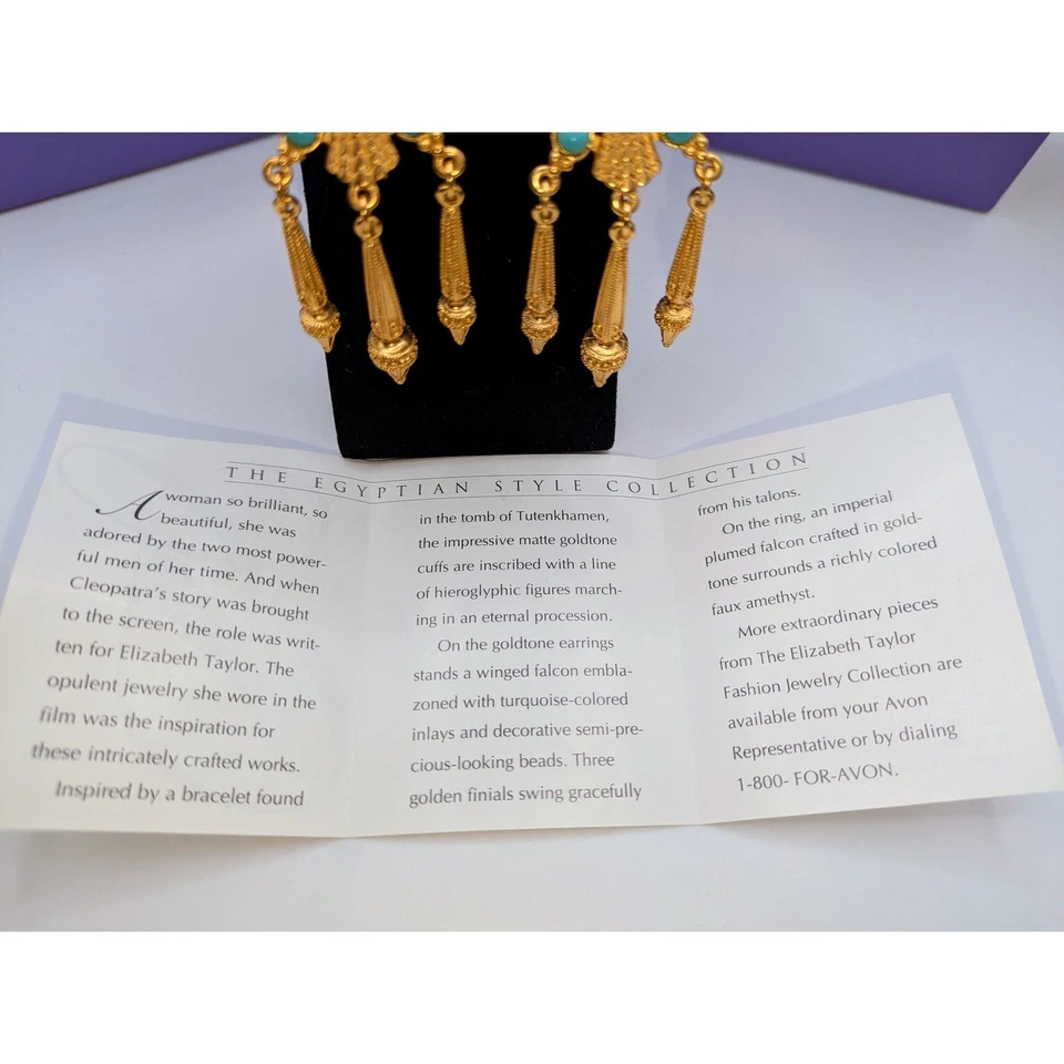 Elizabeth Taylor Avon Renacimiento Egipcio Halcón Clip Pendientes Oro 3 pulgadas Conjunto De Colección Foto 3 de 4