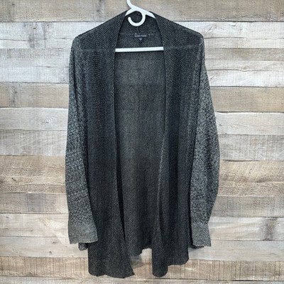 EILEEN FISHER Open Front Knit Cardigan Black Gray Italian Yarn Size L
