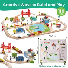110-piece wooden train toy set with folding storage box   