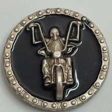 Skeleton Rider Motorcycle Belt Buckle Silver Tone Black Metal Round