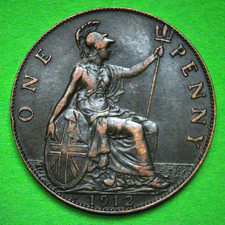 1912 H George V ONE PENNY, British Bronze Coin - Heaton Mint  VERY NICE