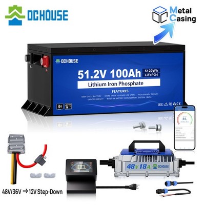 DCHOUSE 48V 100AH Lithium LiFePO4 Battery with 18A  Charger Metal Case Golf Cart