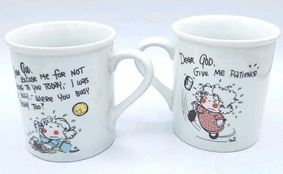 1982 Enesco Dear God Mug Set Patience & Prayer Vintage Annie W Original Stickers