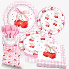 Cherry Party Supplies Tableware Set Plates Napkins Cups Forks Service 50 Guest