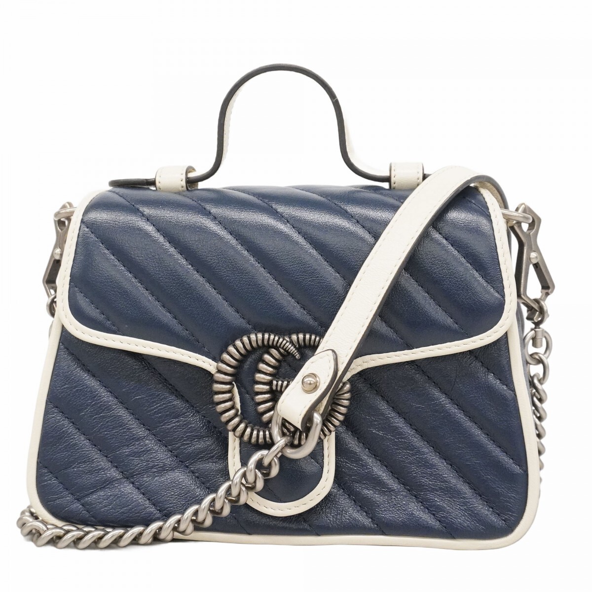 GUCCI Hand Bag GG Marmont 583571 Leather Navy White Silver Hardware 2 Way 324526