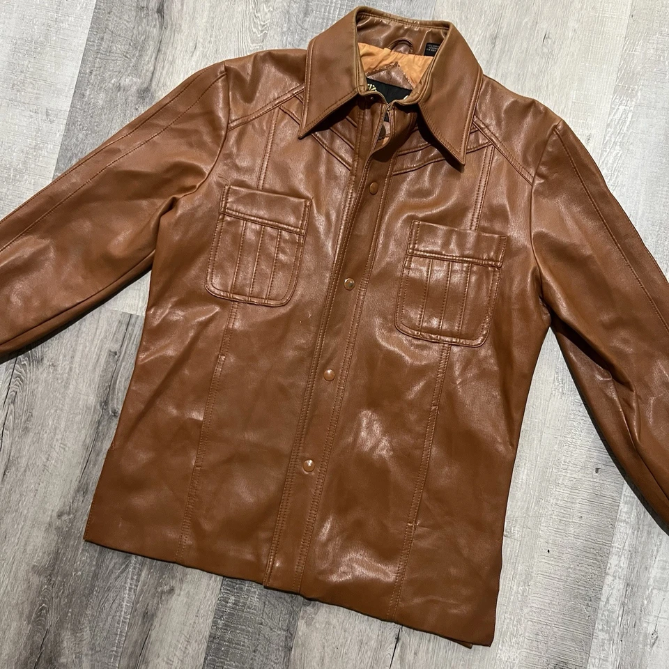 Chaqueta hippie vintage Hi Gear años 70 cuero vinilo marrón frente a presión para hombre talla M Foto 4 de 4