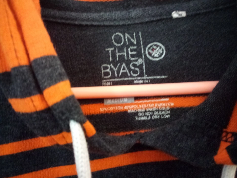 On The Byas Hoodie Lightweight Mens Sz M Black Red Orange Striped Long Sleeve - Image 2 of 4