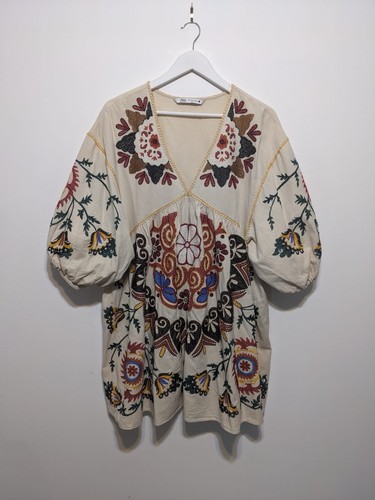 Zara Embroidered Romy Tunic Linen Blend Dress Size S Boho - Picture 7 of 11