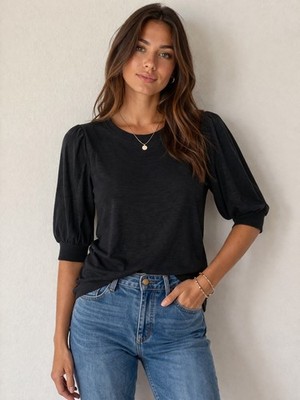 Nation LTD black Puff Sleeves T-shirt Pima Cotton Crewneck Size Small