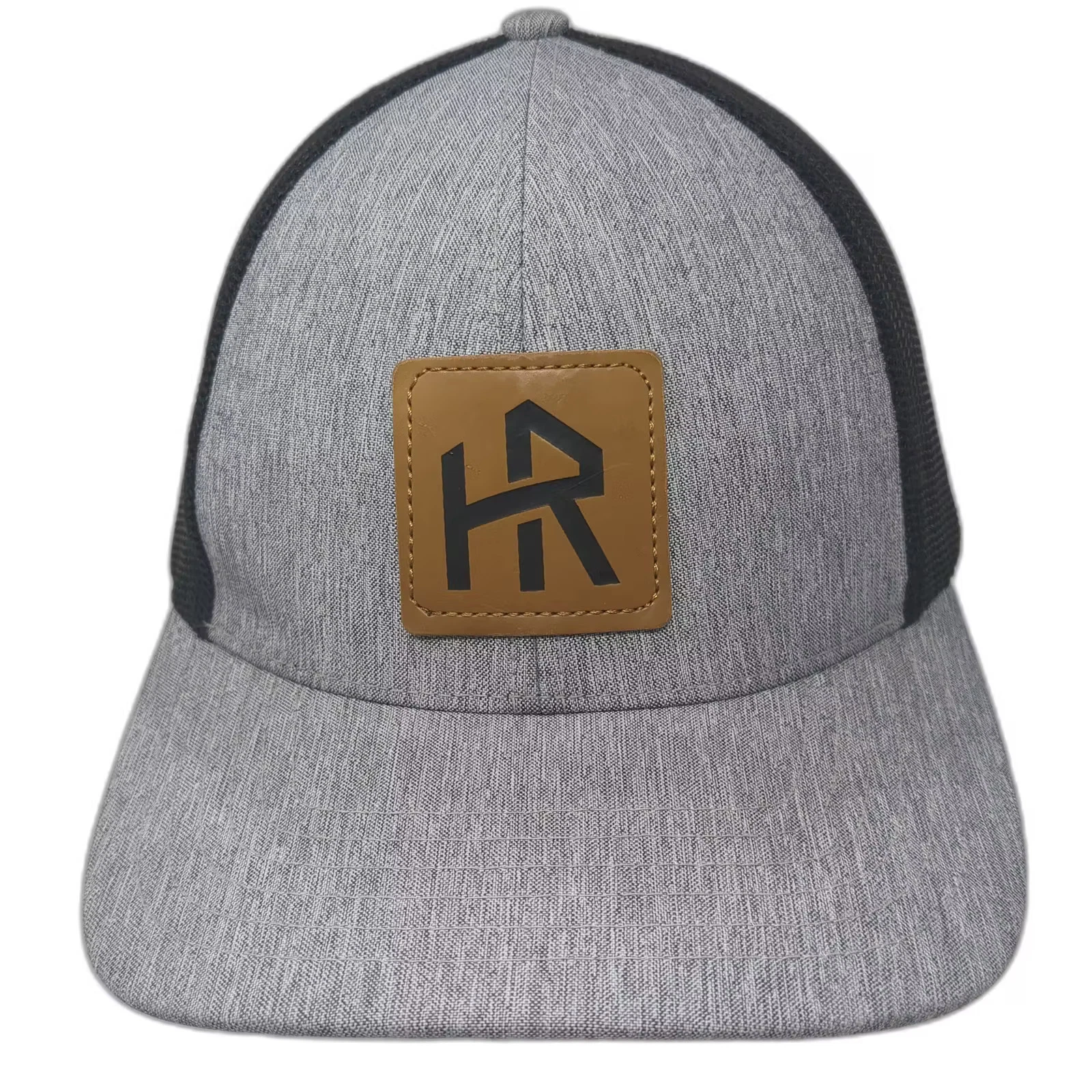 Outdoor Cap Gray Black Mesh Trucker Hat Snapback Leather Patch Logo HR OSFM