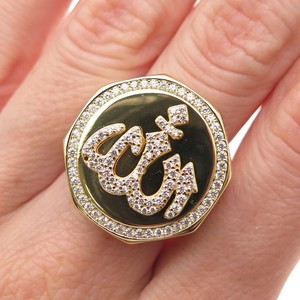 Authentic 925 Sterling Silver Gold Plated Round-Cut C Z Allah Signet Ring Size 8.25