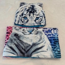 Siberian White Tiger Print Kids Winter Hat and Scarf Set colorful fleece lined