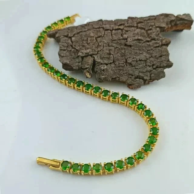 12Ct Lab Created Green Emerald Women'sTennis Bracelet 14K Yell Gold Plated 7.5" - Image 3 of 4