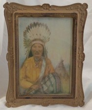 BEAUTIFUL VINTAGE PAINTED BRASS EASEL PICTURE FRAME w/ NATIVE AMERICAN CHIEF PRI