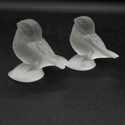 Pair Vintage French Clear Frosted Crystal Glass Sparrow Bird Figurines