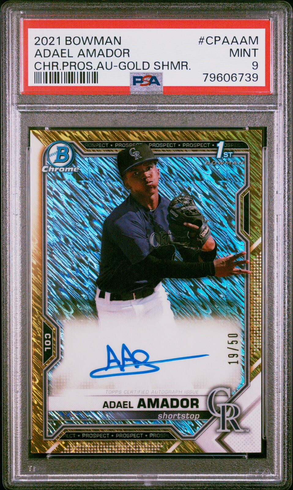 Adael Amador 🔥 2021 1st Bowman Chrome Gold Shimmer Auto RC # /50 💎 PSA 9