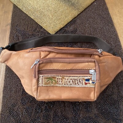 Vintage Fanny Pack Dominican Republic Tan Leather Waist Bag 90s Unisex Boho