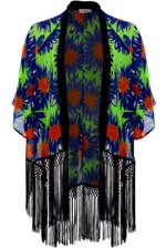 Ladies Flare Sleeve Chiffon Floral Print Open Front Tassel Women's Kimono Jacket