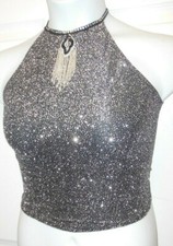 Glittered JAZZ COSTUME SILVER on Black Top Large Adult beaded seq motif