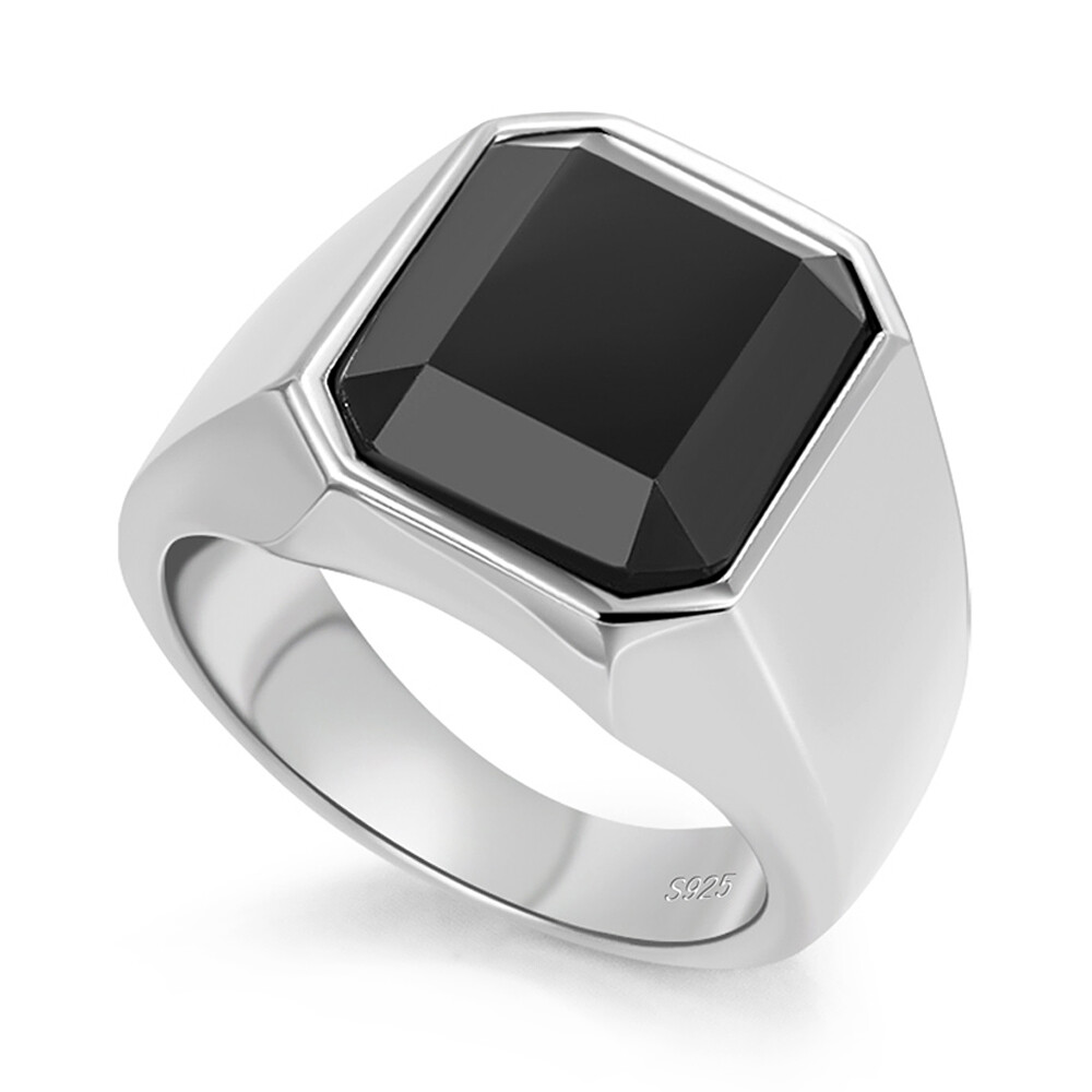 925 Sterling Silver Vintage Black Onyx Square Agate Stone