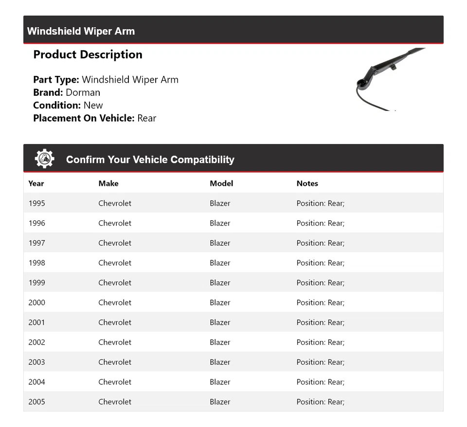 Brazo limpiaparabrisas trasero 1996 1997 1998 Chevrolet Blazer Dorman 1995-2005 Foto 2 de 4