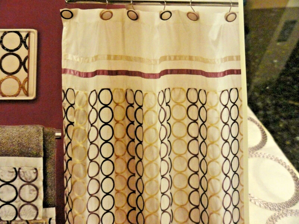 new~Circles~sheer Tan~Brown~Black~Plum Geometric RINGS fabric SHOWER CURTAIN~ - Image 2 of 4