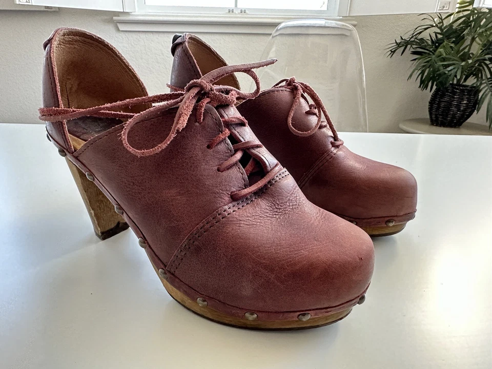 Zuecos Sanita Theadora de gamuza con cordones de madera gruesa plataforma tacón zapatos talla 37 Foto 2 de 4