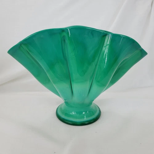 Fenton Mongolian Green Slag Fan Vase  7 1/2" Tall