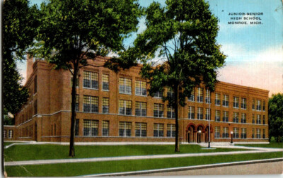 Junior0Senior High School, Monroe, Michigan postcard. Hand stamped 1951 on back.