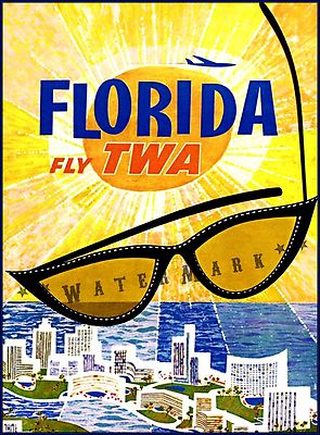 Florida 1950 TWA Summer Sunshine Vintage Poster Print Travel Tourism Beach 