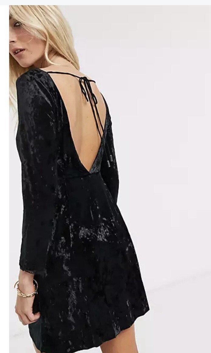 NWT Free People Black Velvet Low Back Mini Dress With Pockets Retail $128 Sz S