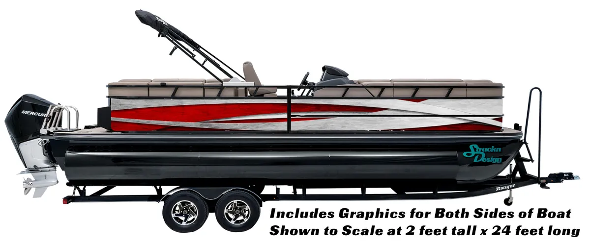 Grunge White Curved Lines Red Decal Fishing Boat Pontoon US Wrap Kit Vinyl