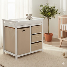 Baby Changing Table Wooden Nursery Dresser Station w/3 Drawers Storage Bag White