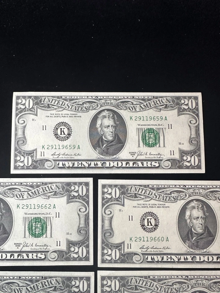 1969 A 5 Consecutive $20.00 Twenty Dollar Federal Reserve Notes UNC Crisp - Image 2 of 4