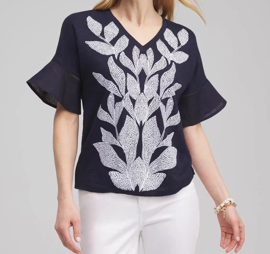 Chicos Top 女式 4 / XXL 海军蓝亚麻叶刺绣飘动袖波西米亚 — 第 2/4 张图片