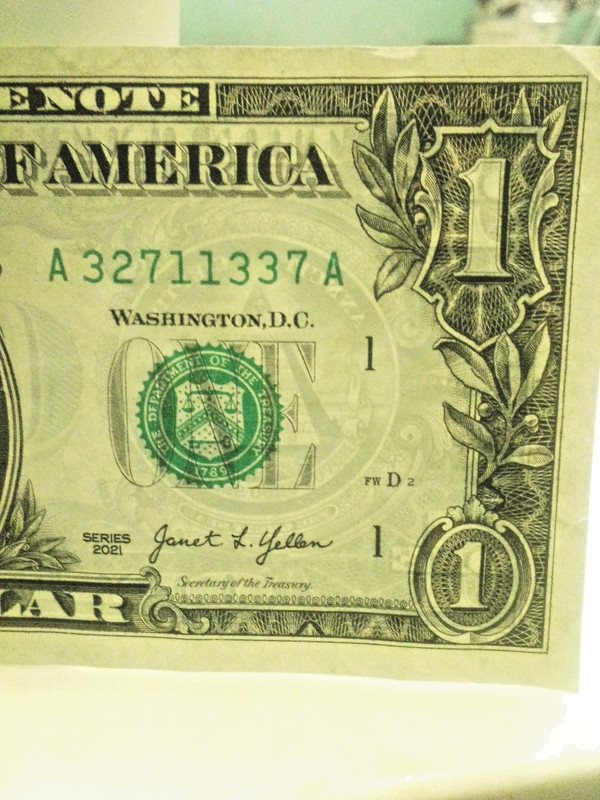 $1 ONE 💰 BILL 🎶2021 MONEY CURRENCY  Full House SERIAL # A 32711337 A 🆓🪙.