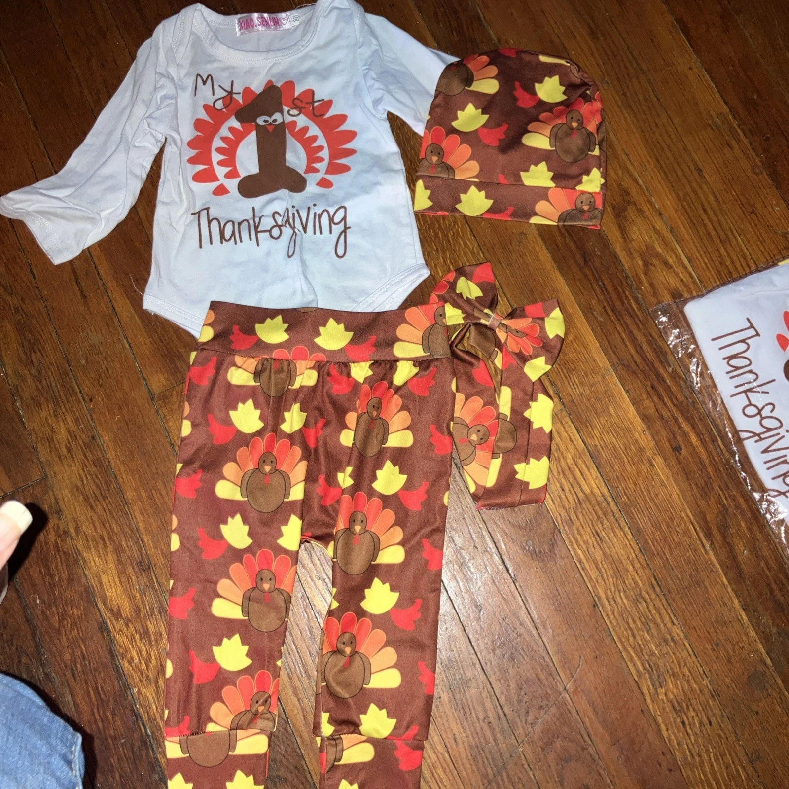My First Thanksgiving Outfit Baby Girl Romper+Pant+Hat+Bow New 9 months 12 mos