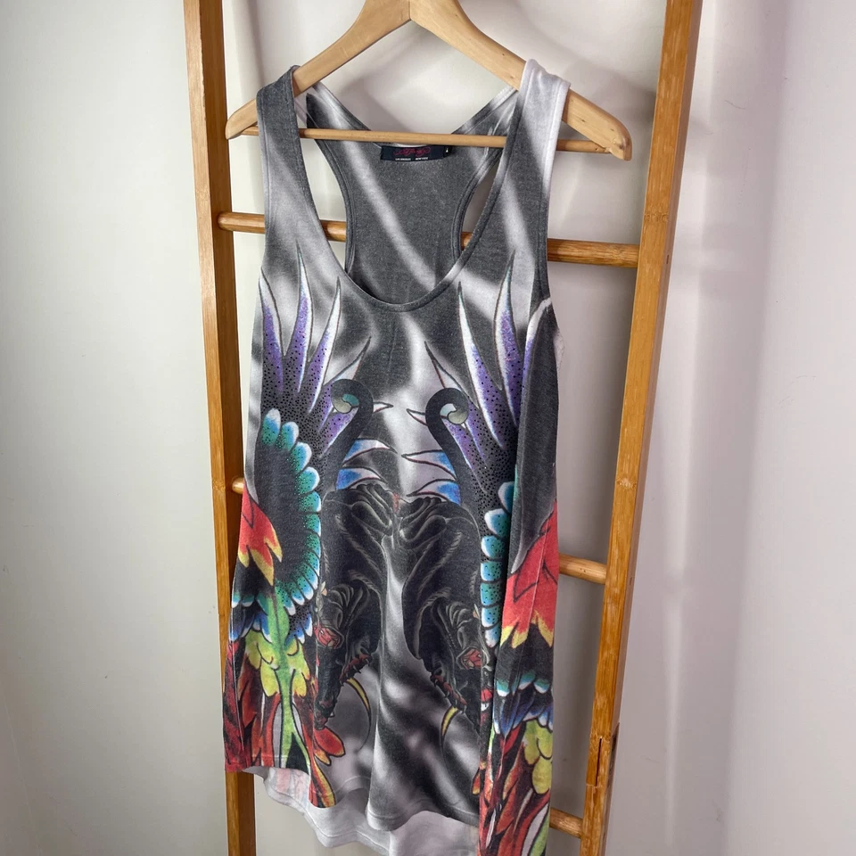 Ed Hardy Mini Tank Dress Womens Large Grey Graphic Print Scoop Neck Sleeveless - image 3 of 4