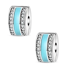 KUNSIR Blue Round Clip Bead Pave Colorful CZ 925 Sterling Silver European Charm