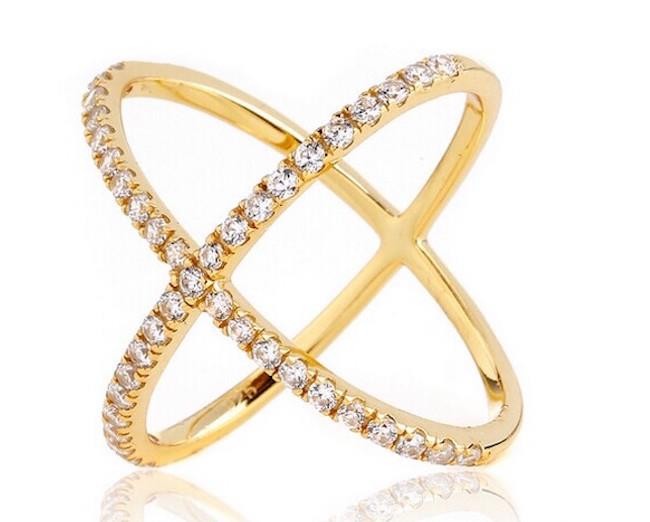 Yellow Gold Plated CZ Crossover X Geometric Criss Cross Orbit Ring 925 Size 5