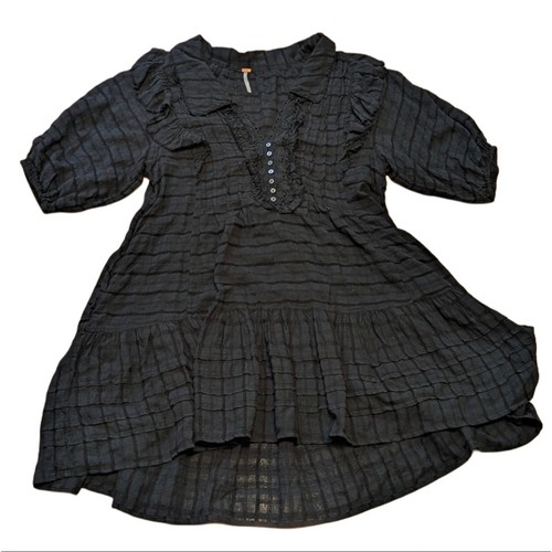 Free People Black Gauze Cotton Elora Eyelet Lace Ruffle Boho Summer Mini Dress - Picture 2 of 6