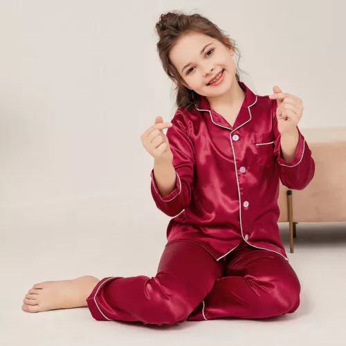 New Kids Boys Girls Silk Pajamas Long Sleeve Satin PJs Sets Nightwear Sleepwear - Picture 70 of 83