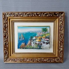 Framed Matted 3D Artwork Relief Coastal Scene Town Gold Frame 10"x 12"