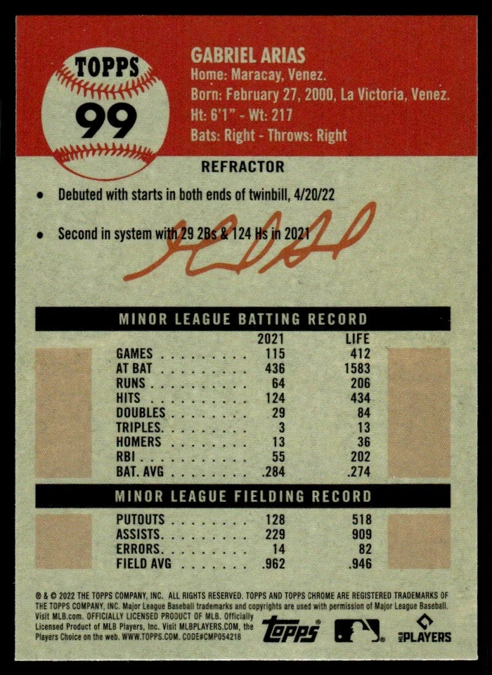 2022 Topps Chrome Platinum Refractor Gabriel Arias #99 R121 - Image 2 of 2