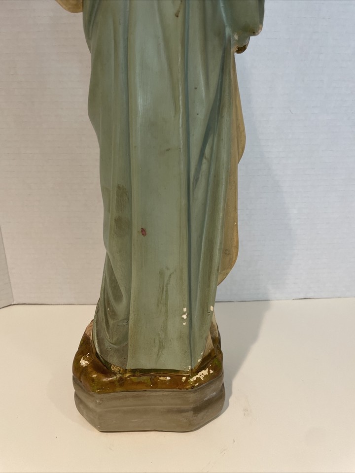 ANTIQUE PLASTER CATHOLIC STATUE VIRGIN MARY FLAMING SACRED HEART 18